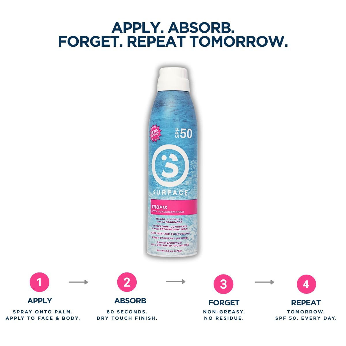 Surface Sunscreen Spray SPF 50 for Body, Lightweight Natural Formula, Reef Friendly, Broad Spectrum UVA UVB Protection, Water Resistant Sun Care for 80 Minutes Outdoor Use, Tropical Scent, 6oz