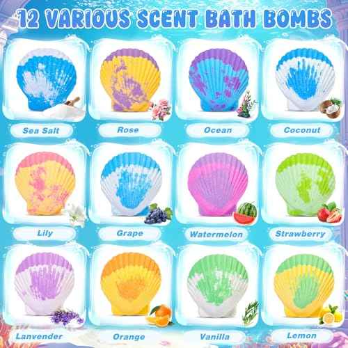 Ocean Bath Bombs for Kids with Toys Inside, 12 Pack Kids Shell Bath Bombs with Surprise Sea Animal Toys for Boys Girls Handmade Bubble Bath Fizzies Birthday Christmas Gift Set