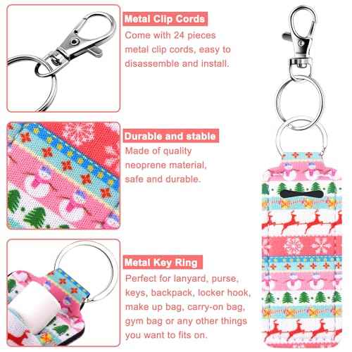 Duufin 24 Pieces Christmas Chapstick Holder Keychain Bulk Lip Balm Neoprene Lipstick Keychain With 24 Metal Clip Cords for Chapstick Tracker and Safeguard, 24 Christmas Style