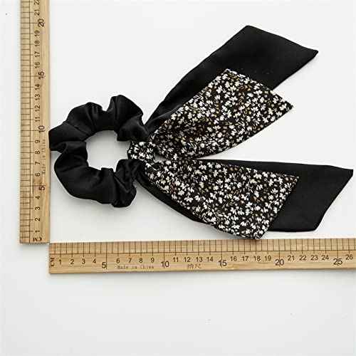 Bandana Hair Scrunchies with Ribbon Bow Scarf Scrunchies for Women, Elegant Floral Hair Ties Plaid Scarf Scrunchies (6 PCS Double Layer)