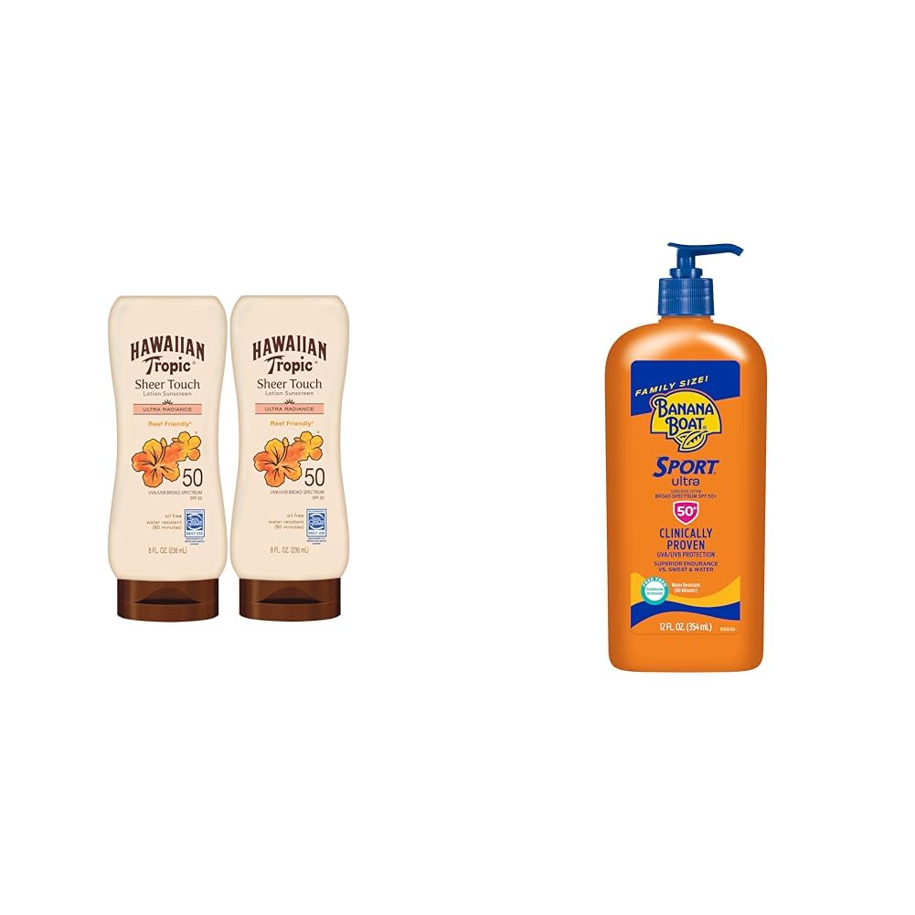 Hawaiian Tropic Sheer Touch Ultra Radiance SPF 50 Twin Pack & Banana Boat Sport Ultra SPF 50 Sunscreen Lotion Family Size
