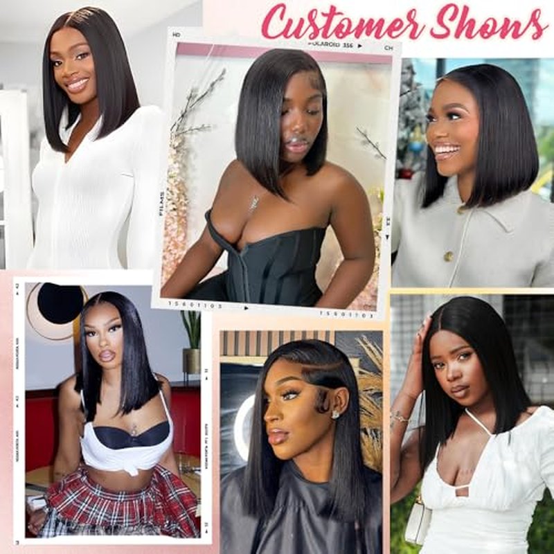 Bob Glueless Wigs Human Hair Pre Plucked Pre Cut 14 Inch 9x6 HD Lace Closure Wig Short Bob Glueless Wigs Human Hair Black Straight Wig Human Hair Wear and Go 200% Density for Women