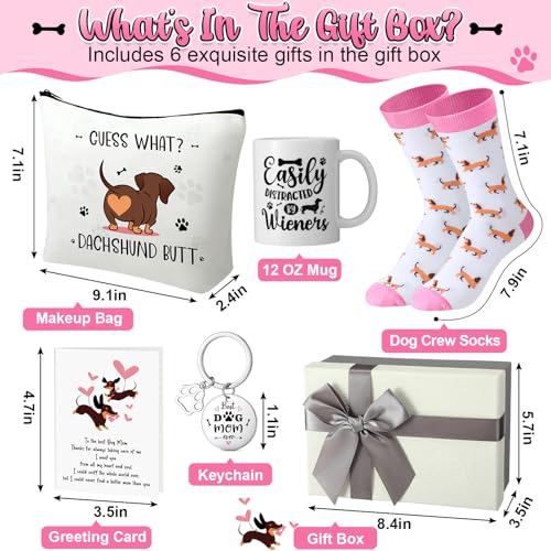 6 Pcs Dachshund Gift Set for Women Weiner Dog Makeup Bag Novelty Crew Socks 11oz Coffee Mug Dachshund Lover Basket Gift Set for Mom Daughter Christmas Birthday New Puppy Owners