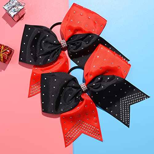CEELGON Large Rhinestones Cheer Bows, 12 PCS Glitter 7" Cheer Bows Ponytail Holder for Cheerleaders Girls Hair Bows, Red/Black with Full Rhinestone