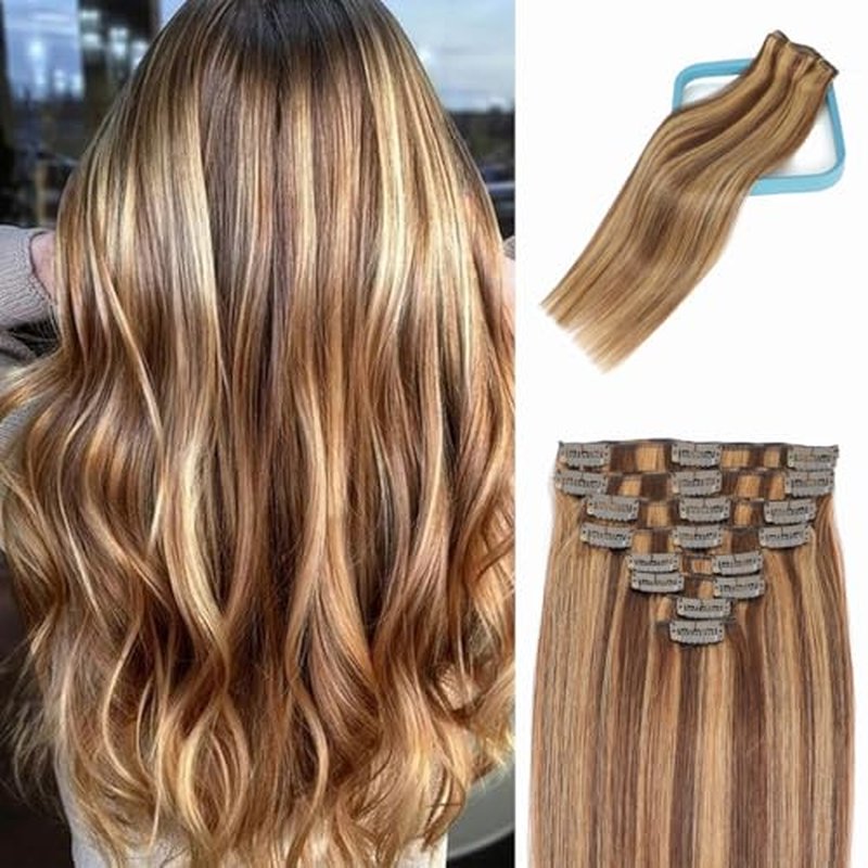 LORIEN Clip in Hair Extensions Real Human Hair, 14 Inch 80g, 4/27 Chocolate Brown to Caramel Blonde Color, Clip in 100% Brazilian Remy Human Hair Extensions 8pcs Per Set with 18 Clips Double Weft