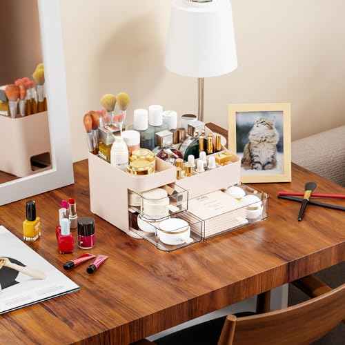 SuoXing Pink Makeup Organizer for Vanity,Large Plastic Skincare Organizers With Drawers,Bathroom Counter Organizer Cosmetic Storage for Dresser Top Skin Care,Lotion,Beauty Products and Brush Holder