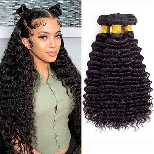Deep Wave Human Hair Bundles 12A Brazilian Virgin Human Hair Bundles 24 26 28 Inch Wet and Wavy Curly Bundles Human Hair Extensions for Black Women Natural Color