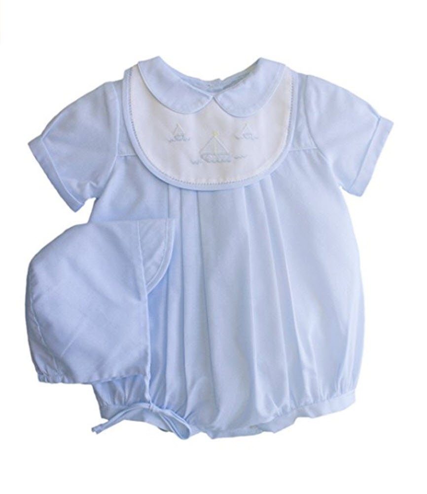 Petit Ami Baby Boys' Romper with Embroidered Sailboat Bib, Newborn, Blue