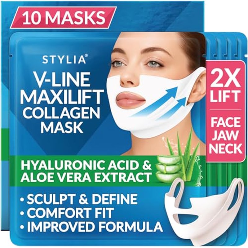 Stylia MaxiLift V-Line Lifting Collagen Face Mask - Advanced Double Chin Reducer - Jawline Shaper - Neck Firming and Tightening Mask with Hyaluronic Acid & Aloe Vera - Chin Strap for Sleeping (10PC)