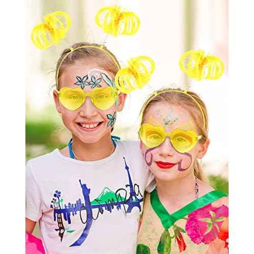 12 Pcs Pom Pom Headband Tinsel Wrapped Ponytail Headband with Heart Sunglasses Costume Halloween Cosplay Hair Party Accessory(Yellow)