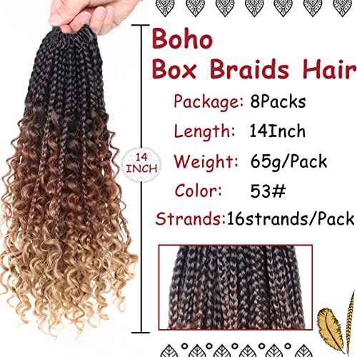 Beverlee 14 Inch Boho Braids - 128 Strands Pre-Looped Synthetic Crochet Hair for Black Women - Bohemian Messy Box Braids with Curly Ends