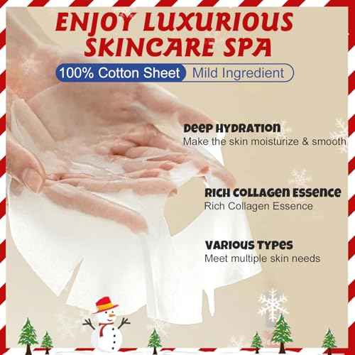 60 Pack Christmas Face Masks Skincare for Christmas Gifts, Bulk Sheet Hydrating & Soothing Facial Masks Set for Skin Care, Stocking Stuffers for Women