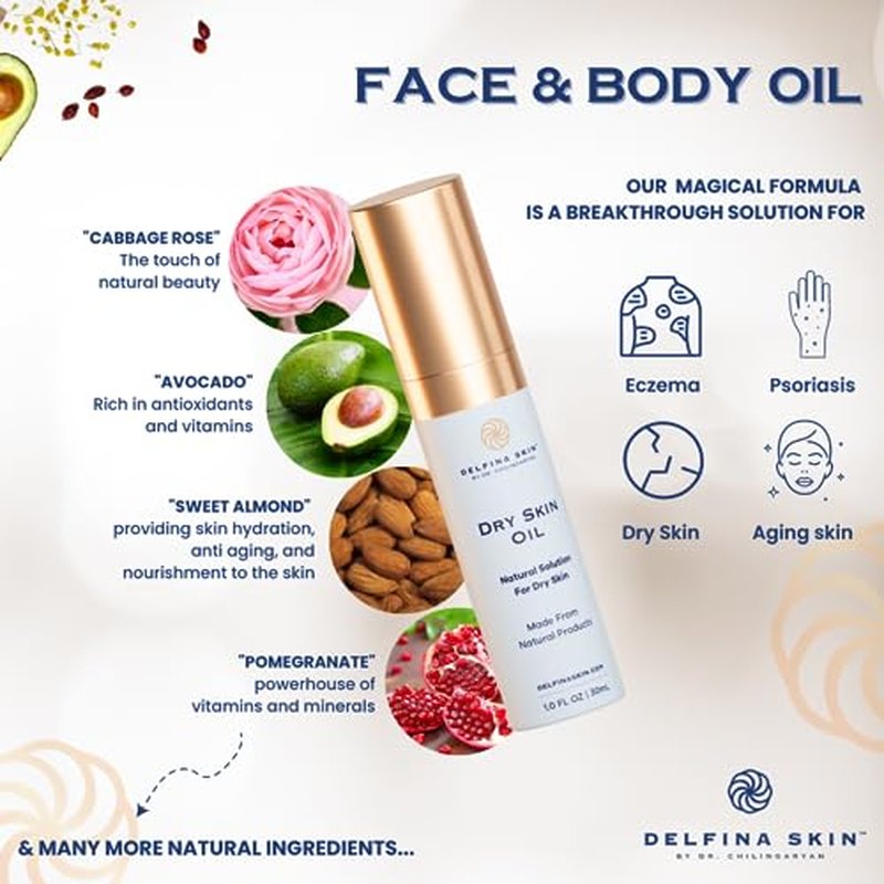 Delfina Dry Skin Oil - Eczema Psoriasis Treatment for Skin | Fast Absorbing and More Effective than Lotion for Extremely Dry Cracked Irritated Skin | Safe for All Ages