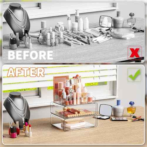 Yieach Clear Acrylic Makeup Organizer Countertop With Drawer,3 Tier Large Skincare Organizer for Vanity,Plastic Bathroom Cosmetic Storage Organizer for Lipstick,Makeup Brush,Palette,Beauty Products