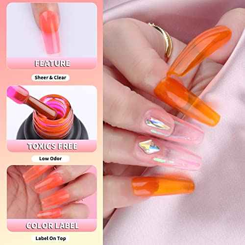 Jelly Gel Nail Polish, 12 Pcs Glossy Trendy Colors Transparent Nail Polish Set Nude Pink Purple Green Blue Yellow Colors Jelly Nail Polish Kit UV LED Soak Off Home DIY Nail Art Salon