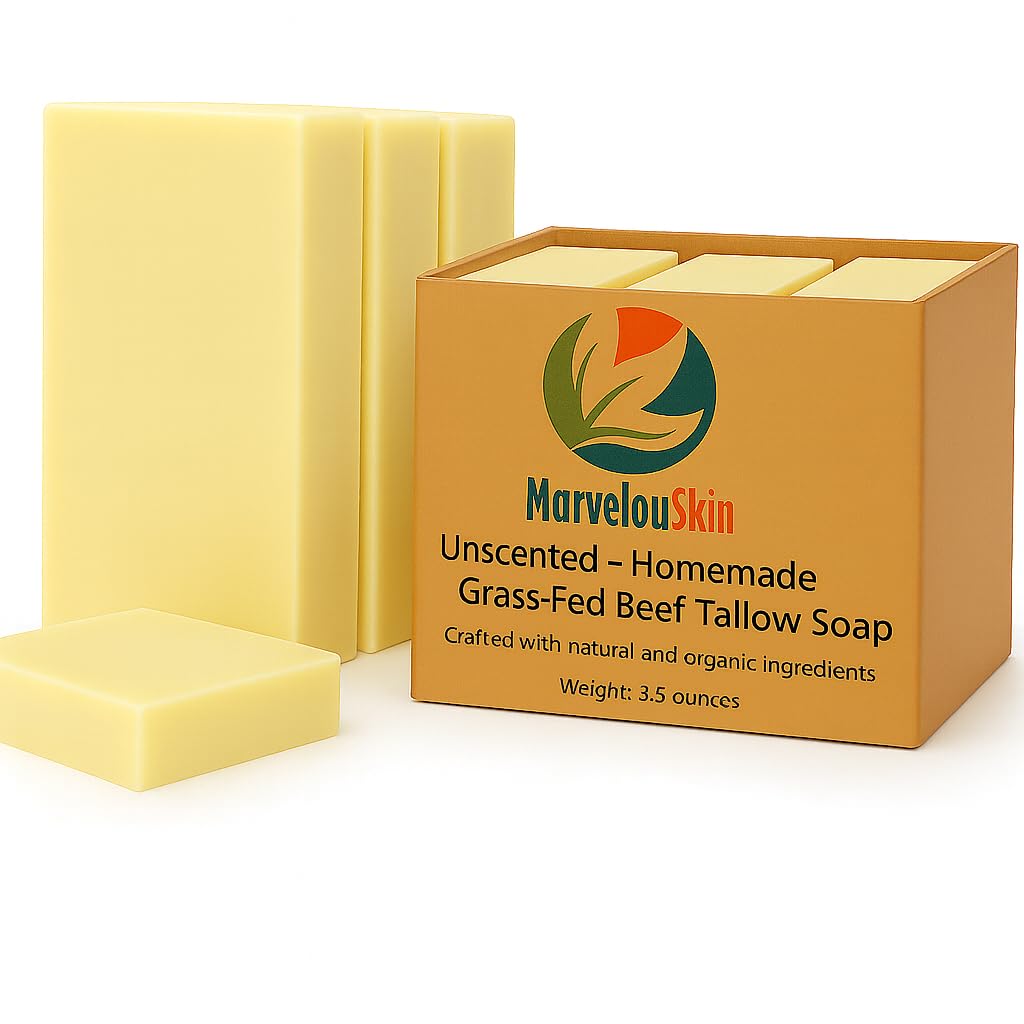 Unscented Tallow Soap Bar, Grass Fed Beef Tallow, Fragrance Free, Gentle Everyday Cleanse for Face and Body Including Sensitive Skin, No Added Parabens and Sulfates, Rich Creamy Lather, 3 Pack
