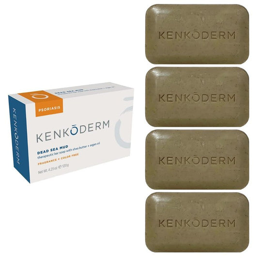Kenkoderm Psoriasis Dead Sea Mud Soap with Argan Oil & Shea Butter, Natural Exfoliating Body & Face Cleanser for Sensitive Skin, Fragrance & Color-Free, 4.25 Ounce, 4 Bars