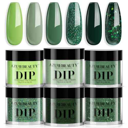 AZUREBEAUTY St. Patrick's Evergreen Dip Powder Nail Kit, 6 Colors Glitter Green Sparkle Forest Dark,Dipping Powder Color French Nail Art Manicure DIY Salon Gifts for Women, No Need Nail Lamp Cured