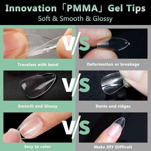 Extra Short Almond Nail Tips, 216pcs Acrylic Soft Fake Nails Gel Nail Tips, Full Cover Pre-Shaped Matte Clear Press on Nails for Extension, Diy at Home Manicure 12 Sizes