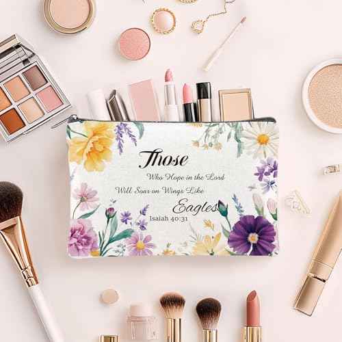 24PCS Christian Canvas Makeup Bags Bulk Inspirational Cosmetic Bags for Women Bible Verse Canvas Zipper Pouch Bulk Religious Makeup Organizer Bags Christian Gifts for Women(Flower)