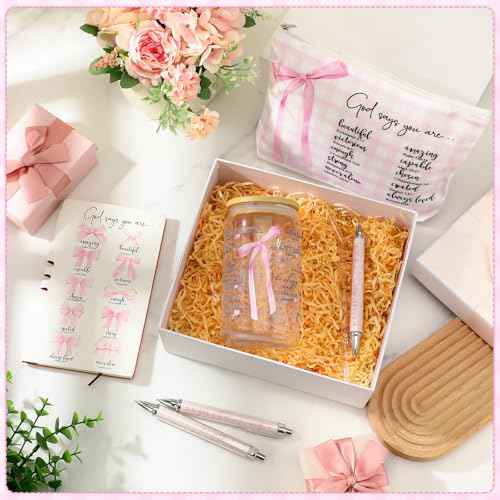 Skylety 6 Pcs Christian Gift Set for Women Includes Bible Journal Religious Pens Pink Bow Cosmetic Bag Glass Cup Pink Stuff Accessories Cancer Awareness Gifts for Women Mom Sunday School Teacher