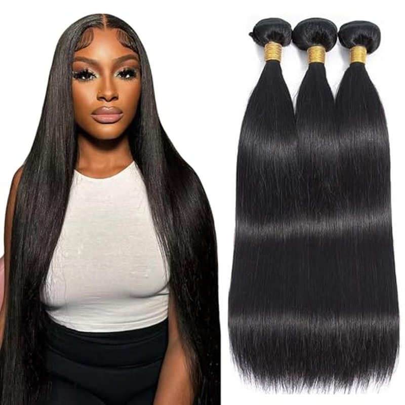 Straight Human Hair Bundles #1B Natural Black (18 20 22 Inch) Unprocessed Virgin Human Hair Extensions Weave 3 Bundles 300g Total Double Weft for Black Women