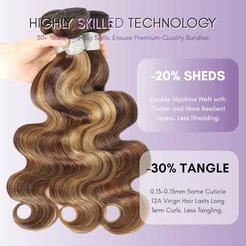 P4/27 Honey Blonde Highlight Body Wave 3 Bundles Human Hair 16 18 20 inch, 12A 100% Virgin Brazilian Weaves Thick Track Balayage Ombre Brown Colored Human Hair Bundles Deals Sew In Remy