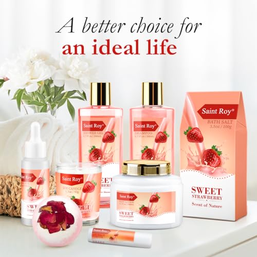 Spa Kit for Women, Bath & Body Gift Set, Luxury Home Spa Bath Gift Basket, Strawberry Scented Bath Set Christmas Gifts for Women with Shea Butter Lotion, Pamper Gifts for Girls & Teens, Birthday Gift