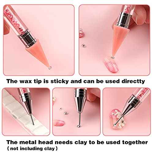 Kaychan Rhinestone Picker Tool 2 Acrylic Handle Rhinestones Applicator Dual-Ended DIY Nail Art Tool with 4 Extra Wax Tips and 1 Tweezer