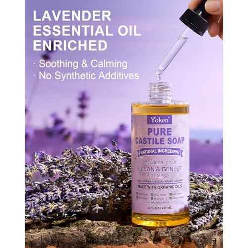 Pure Castile Soap Liquid Lavender 8 OZ, Made with Certified Organic Oils, Gentle Lavender Soap for Hands & Body Wash, Face, Dishes, Laundry & More - Vegan & Natural Ingredients Cleanser