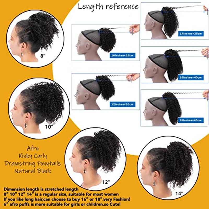 Afro Puff Kinky Curly Drawstring Ponytail Buns Natural Human Hair Pieces for Black Women,Girls,Kids 10 Inch #1B Natural Black
