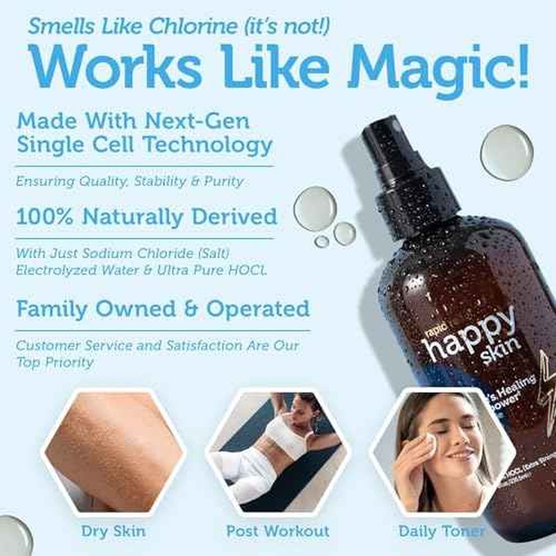 Happy Skin Hypochlorous Acid Spray for Face Travel Size ? Extra Strength Natural Full Body Cleansing Toner for Acne ? Soothe, Hydrate & Repair Dry, Sensitive Skin ? pH Balanced, Non-Toxic 2oz