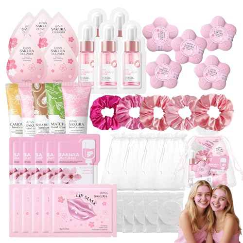 Spa Party Supplies for Women Girl,45pcs/5 Set Sleepover Party Favors With Facial Masks Skincare,Face Cleanser,Serum, Hand Cream,Lip Mask,Foot Bath Bombs,Gift for Spa,Sleepover,Birthday