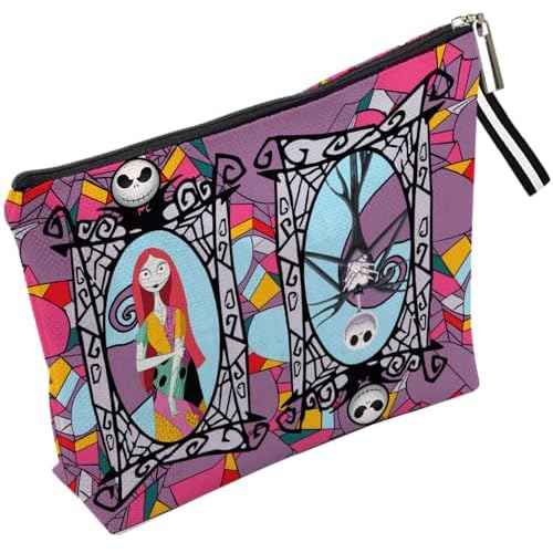 Portable Jack & Sally Themed Makeup Bag, Before Xmas Nightmare Cosmetic Bag, Jack Skellington & Sally Portable Travel Cosmetic Organizer- Cotton & Linen, Water-Resistant, 9.8x7 Inches