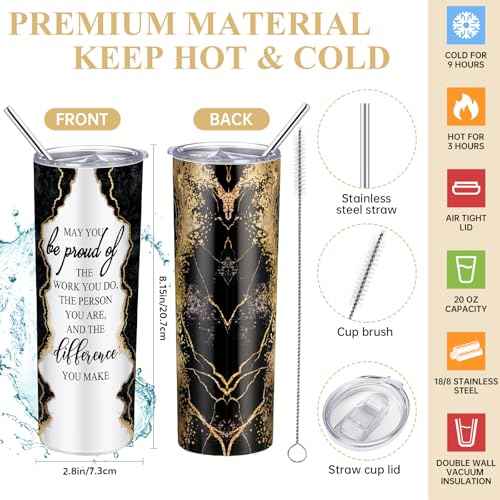 Domensi 6 Pcs Employee Appreciation Gift Set for Women Female Christmas Thank You Gift May You Be Proud 20 oz Rustic Marble Sign Tumbler Makeup Bag Journal for Teacher Nurse Lady Work Business(Black)