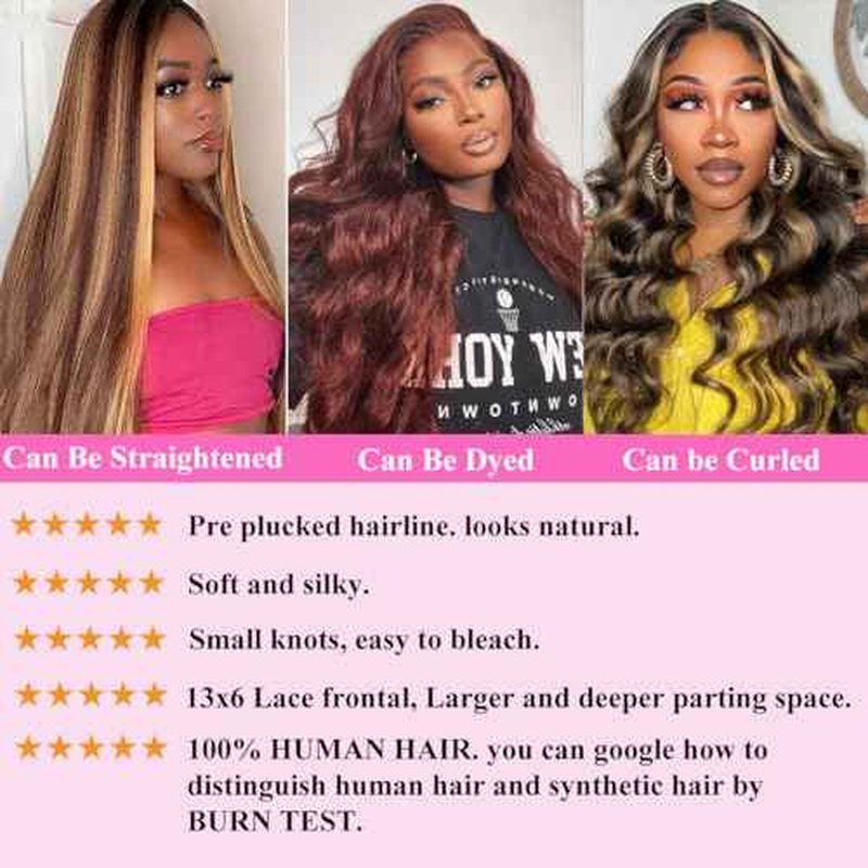 SWEETGIRL Highlight Ombre 13x6 Lace Front Wig Human Hair Body Wave Lace Front Wigs Human Hair Pre Plucked Honey Blonde P4/27 Ombre Colored Lace Frontal Wigs for Women 180 Density 28 Inches