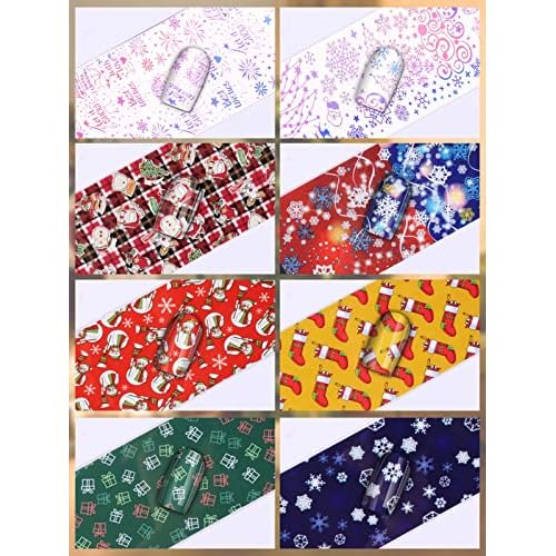 Kalolary 100 Sheets Christmas Nail Foil Transfer Stickers, Snowflakes Snowman Santa Claus Holographic Laser Nail Art Foils Decals for New Year Winter Nail Art Decoration
