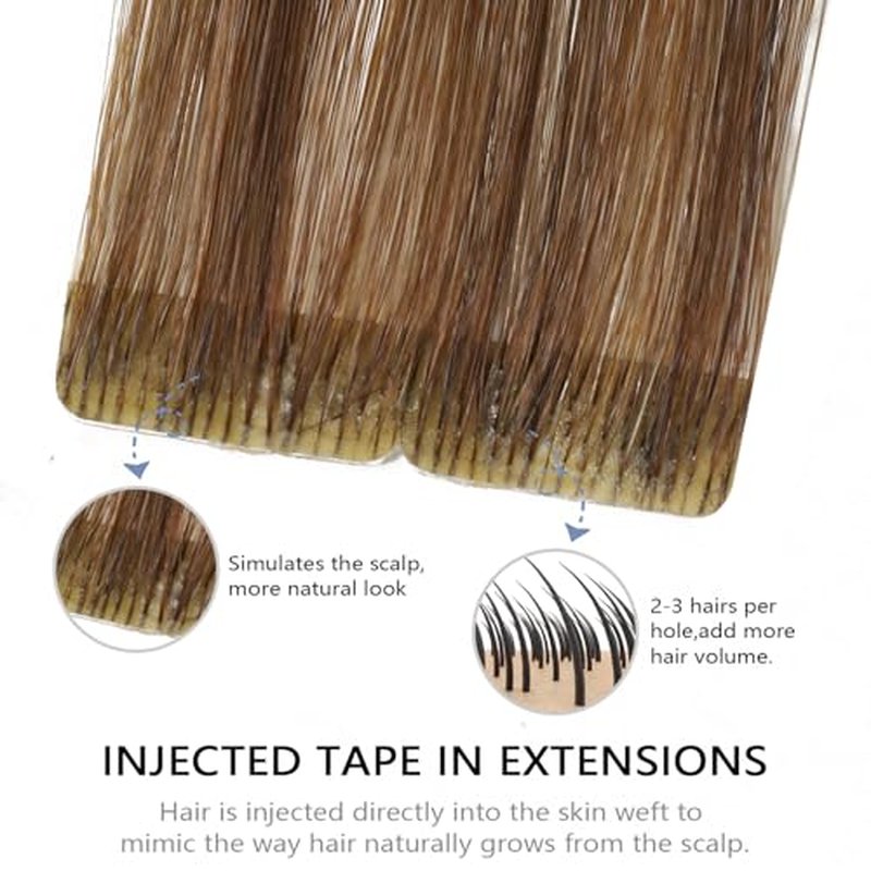 COOKAYU Injected Tape in Hair Extensions Human Hair,Medium Brown to Caramel Blonde Invisible Human Hair Tape in Extensions Seamless 20pcs 30g 14Inch