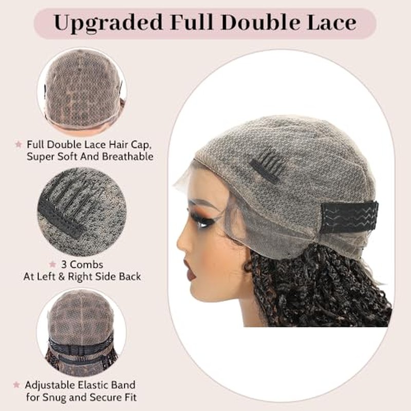 Short Boho Braided Wigs for Black Women Glueless Double Full HD Lace Human Hair Blended Braid Wig with Bohemian Curly Ends Goddess Boho Box Braids Wig (Dark Brown, 16 Inch)