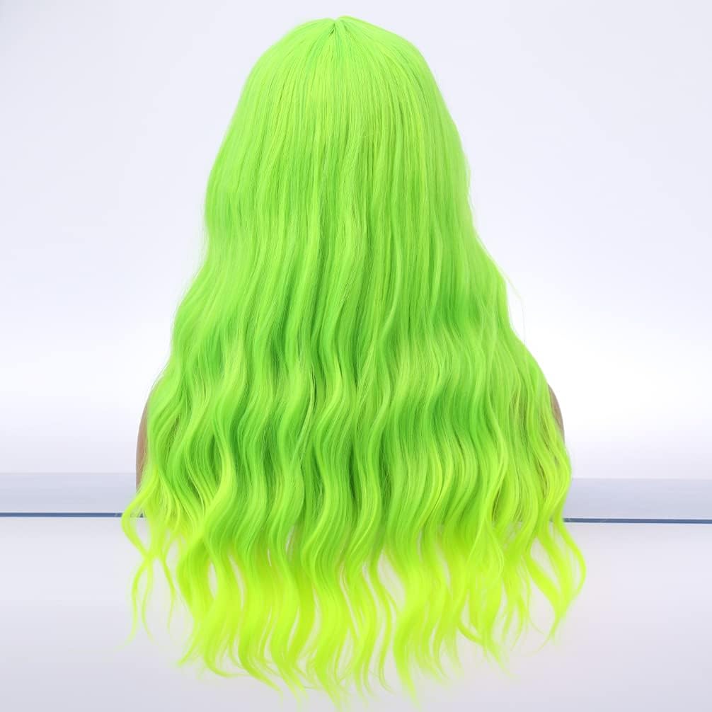 BERON 26 Inches Green Wig Long Curly Neon Green Wig with Bangs for Women Daily Party Hairnet Include