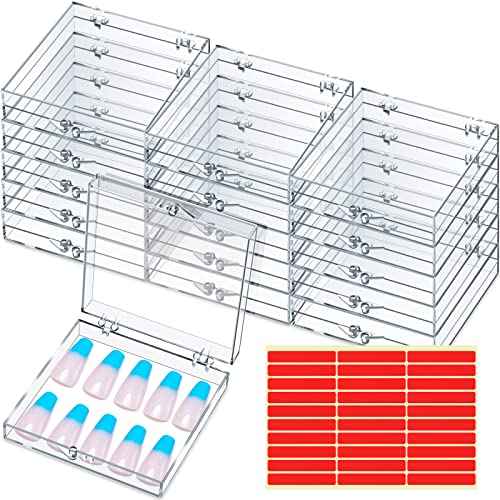 Landhoow 15 Pcs Press On Nail Boxes Nail Display Case with 30 Adhesive Tape, Artificial Press On Nail Container, Acrylic Storage Organizer(Clear)