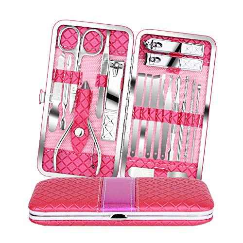 Teamkio 18pcs Manicure Set Pedicure Nail Clippers Set Travel Hygiene Kit Stainless Steel Professional Cutter Care Set Scissor Tweezer Knife Ear Pick Tools Grooming Kits with Leather Case