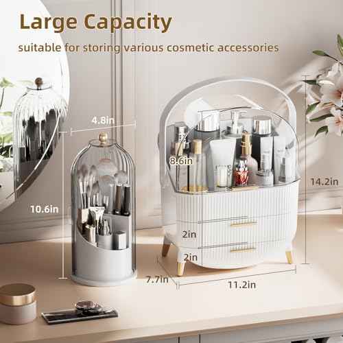 Makeup Organizers Countertop, Makeup organization for Vanity, Cosmetic Storage with Lid and Drawers, Skincare Display Cases with for Desktop, Bathroom (White)