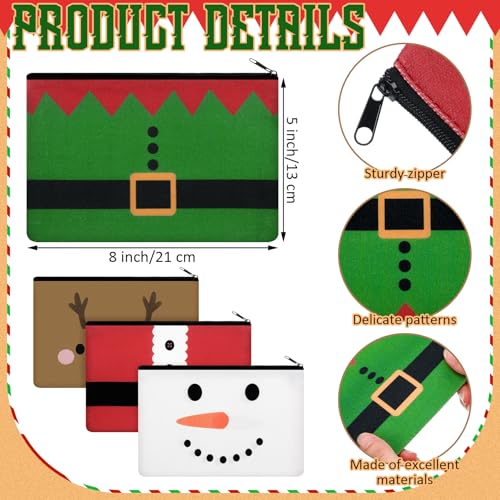 Reginary 4 Pieces Christmas Makeup Bags Bulk Christmas Gifts Cosmetic Bags with Zipper Xmas Portable Canvas Pouch Pen Pencil Pouch for Women Holiday Travel Xmas Party Gifts Supply
