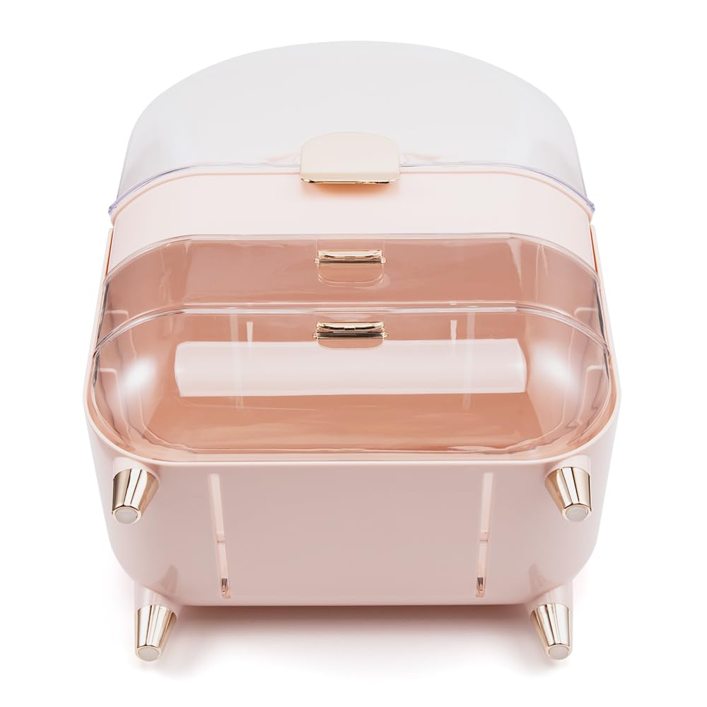 BENEALL Cosmetic Organizer Skincare Organizers, Makeup Organizer Box for Countertop with Lid and Drawers, Make Up Storage Organizer with Waterproof & Dustproof Cover for Vanity Women Girls (Pink)