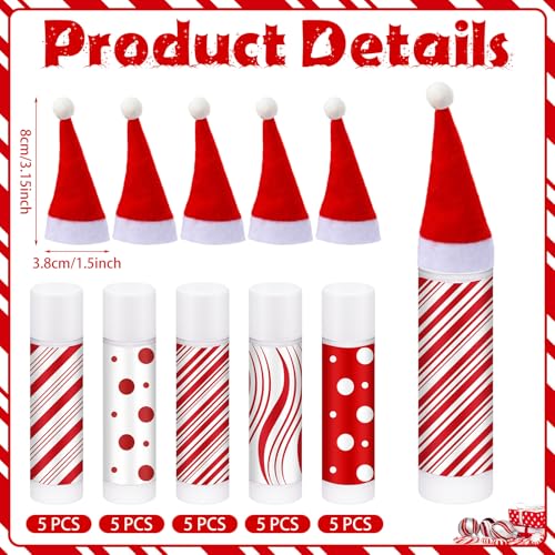 25 Set Christmas Peppermint Flavor Lip Balms Bulk 25 Pcs Candy Flavor Lip Balms & 25 Pcs Mini Santa Hats Cute Xmas Decoration Christmas Party Favor Stocking Stuffer Gifts for Coworker Staff Employee
