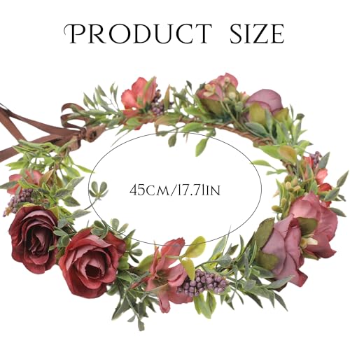 Fairy Flower Crown Headband - Red Purple Rose Floral Headpiece with Ribbon Forest Flower Headbands for Women Girls Renaissance Costume Cosplay Wedding Festival Party Headdress