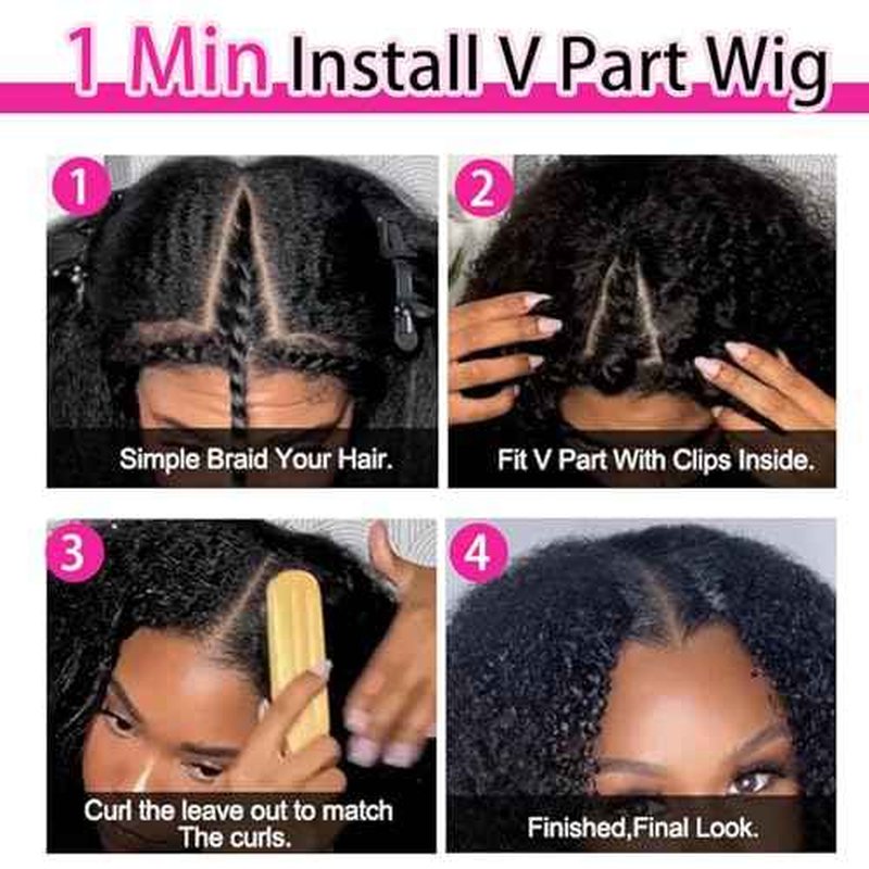 Afro Kinky Curly Human Hair Wigs Upgrade V Part Wigs With Drawstring,200% Density Wear And Go Glueless Wig Human Hair Full Head Clip Ins Half Wig(26 Inch,Natural Color)