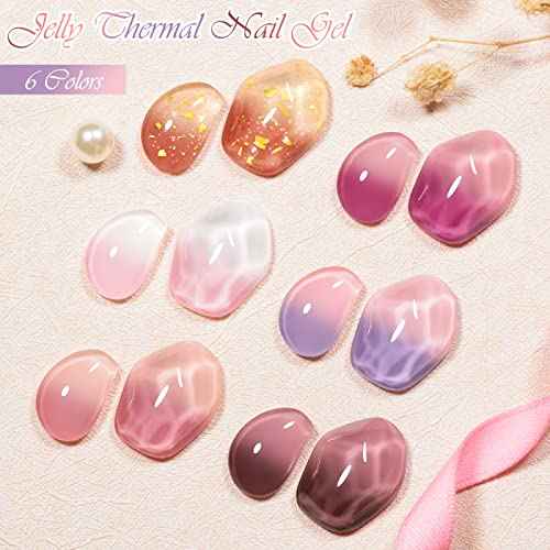 MEET ACROSS Jelly Pink Color Changing Gel Nail Polish Translucent Nude Pink Mood Temperature Change Gel Polish Set White Pink Red Purple Amber Gold Foil Transparent Crystal Gel Nail Polish