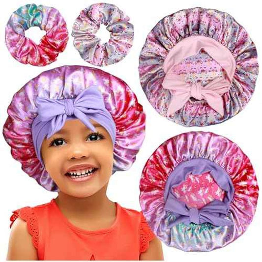 2+2 Satin Bonnets with Scrunchies for Kids, Cute Hair Bonnets for Girls Sleeping Curly Hair, G